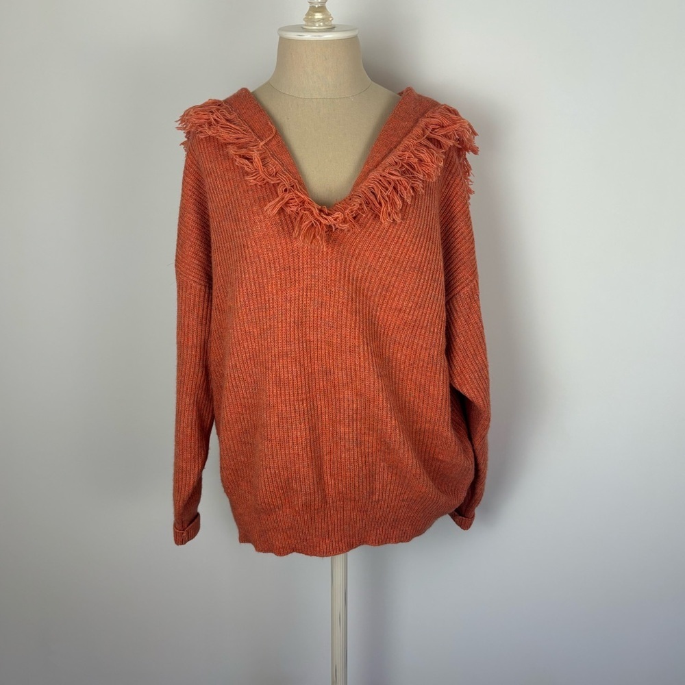 La Lavon Pullover Sweater Orange Fringe V Neck M